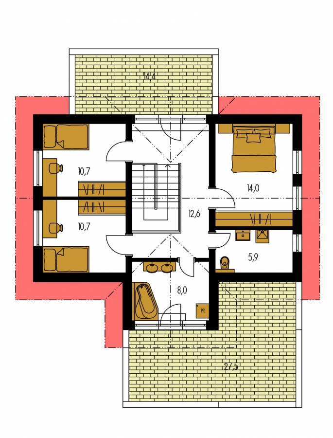 projekt domu s priestrannými terasami na poschodí